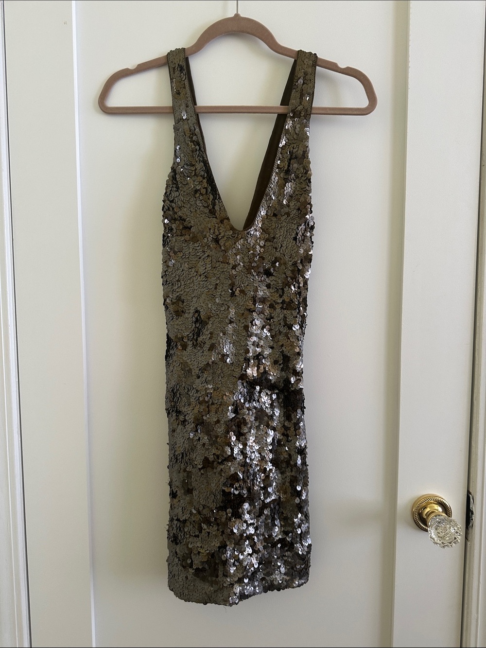French Connection Brown Sequin V-Neck Mini Dress